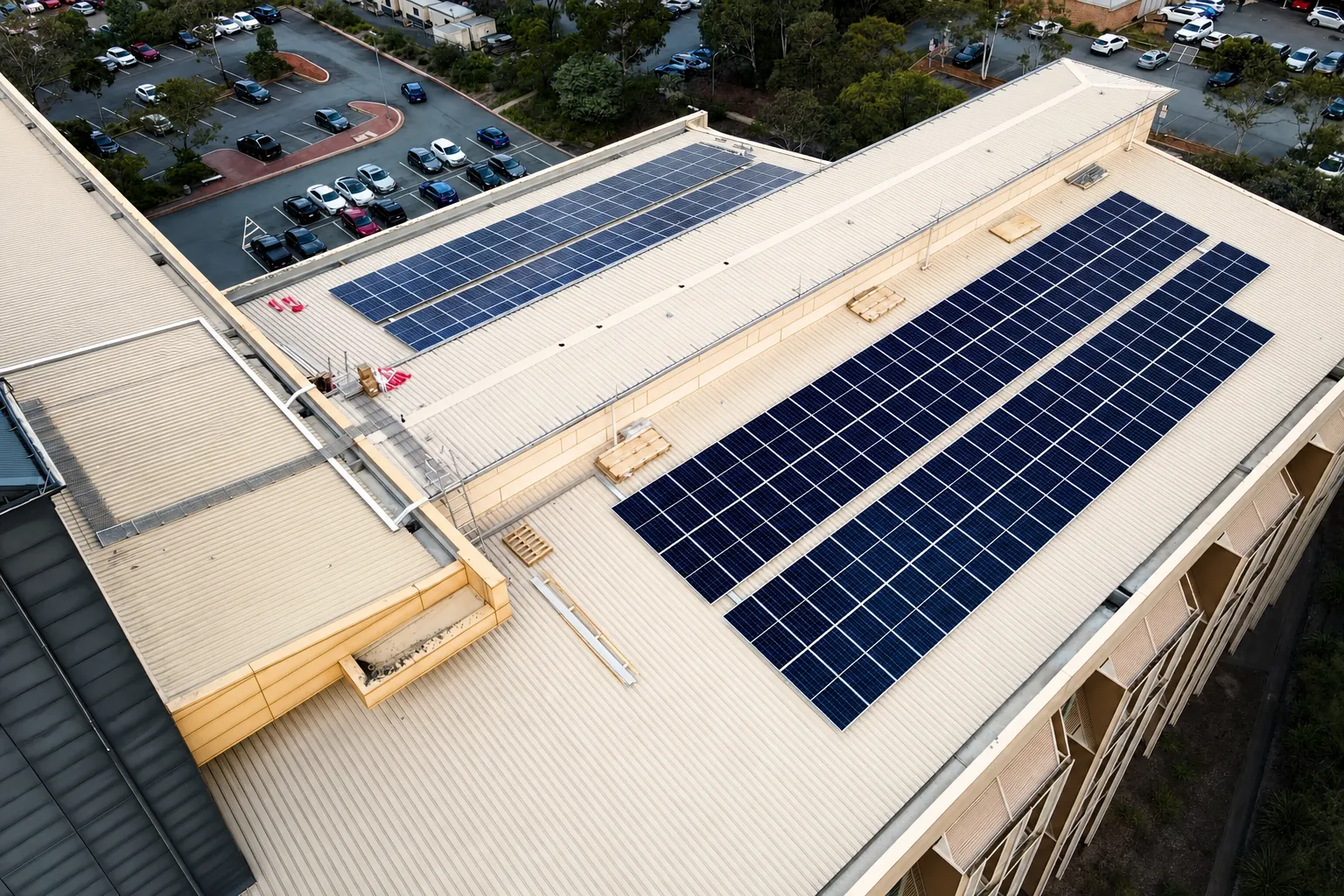 40 Cameron Avenue Solar Installation Aerial view of the 185 kW rooftop solar installation at 40 Cameron Avenue, Belconnen, installed by SolarHub