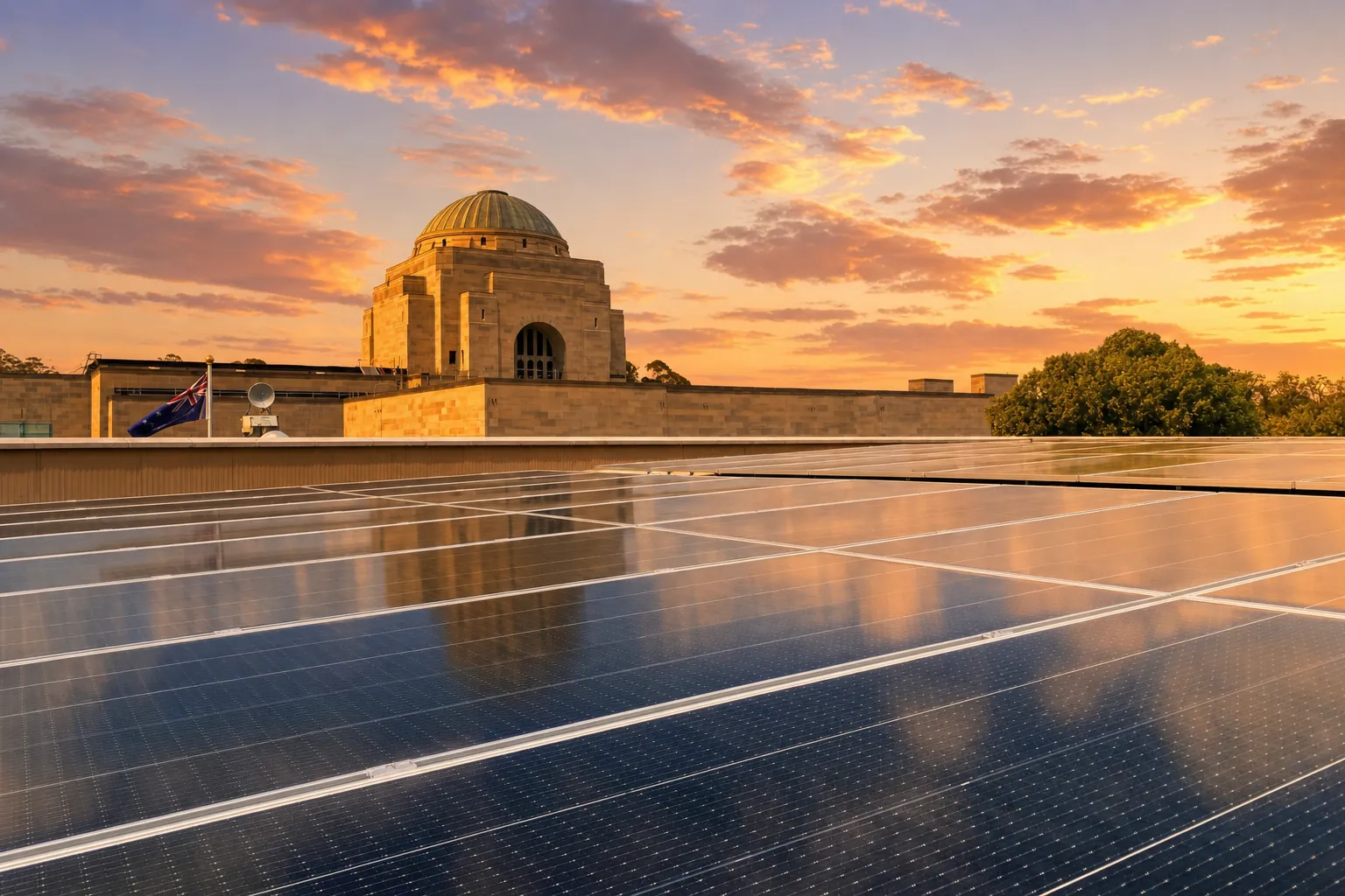 Australian War Memorial Solar at Sunset Solar panels on the Australian War Memorial rooftop at sunset, installed by SolarHub