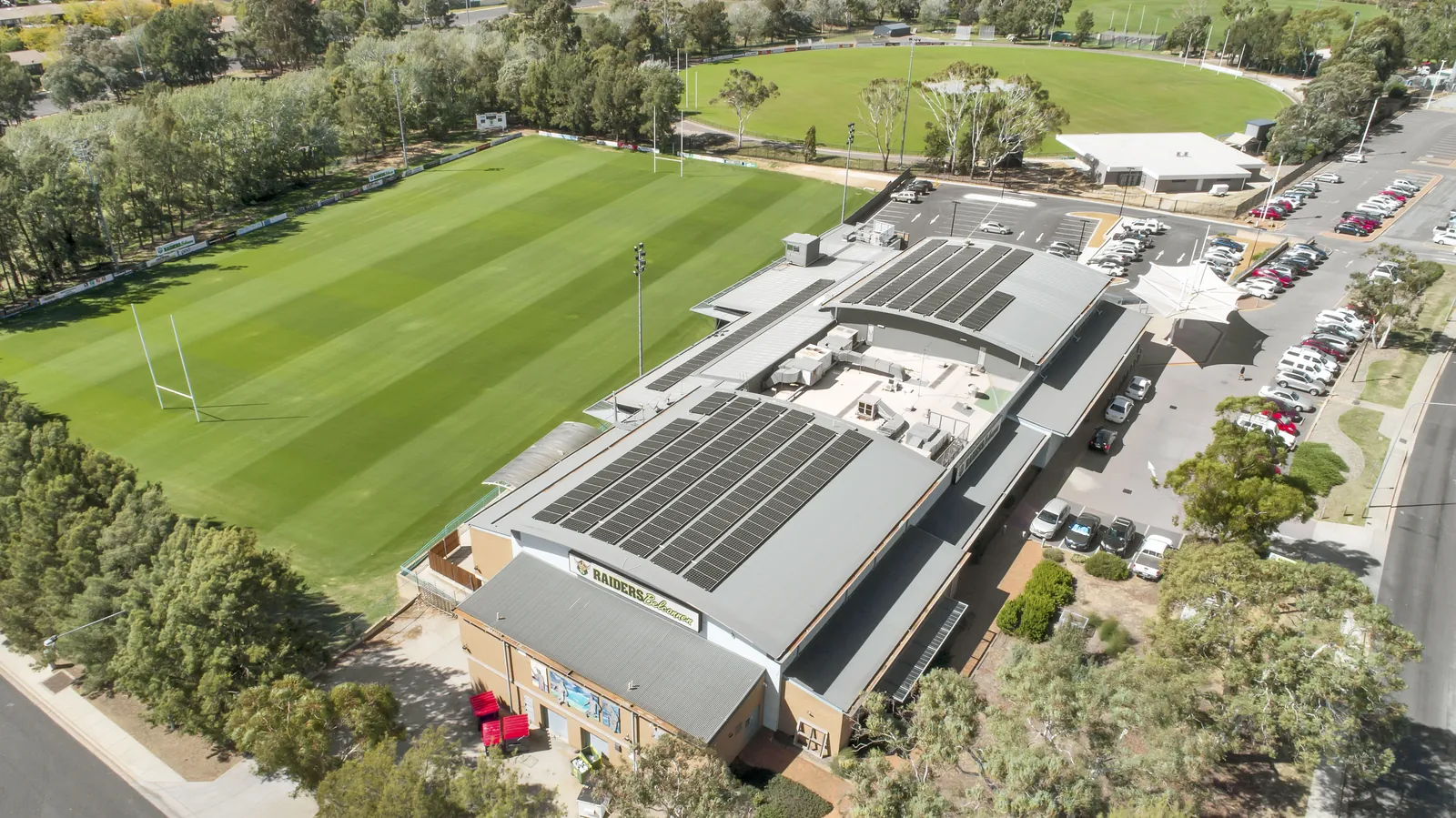 Canberra Raiders Club Solar Aerial view of the Canberra Raiders club with rooftop solar installed by SolarHub