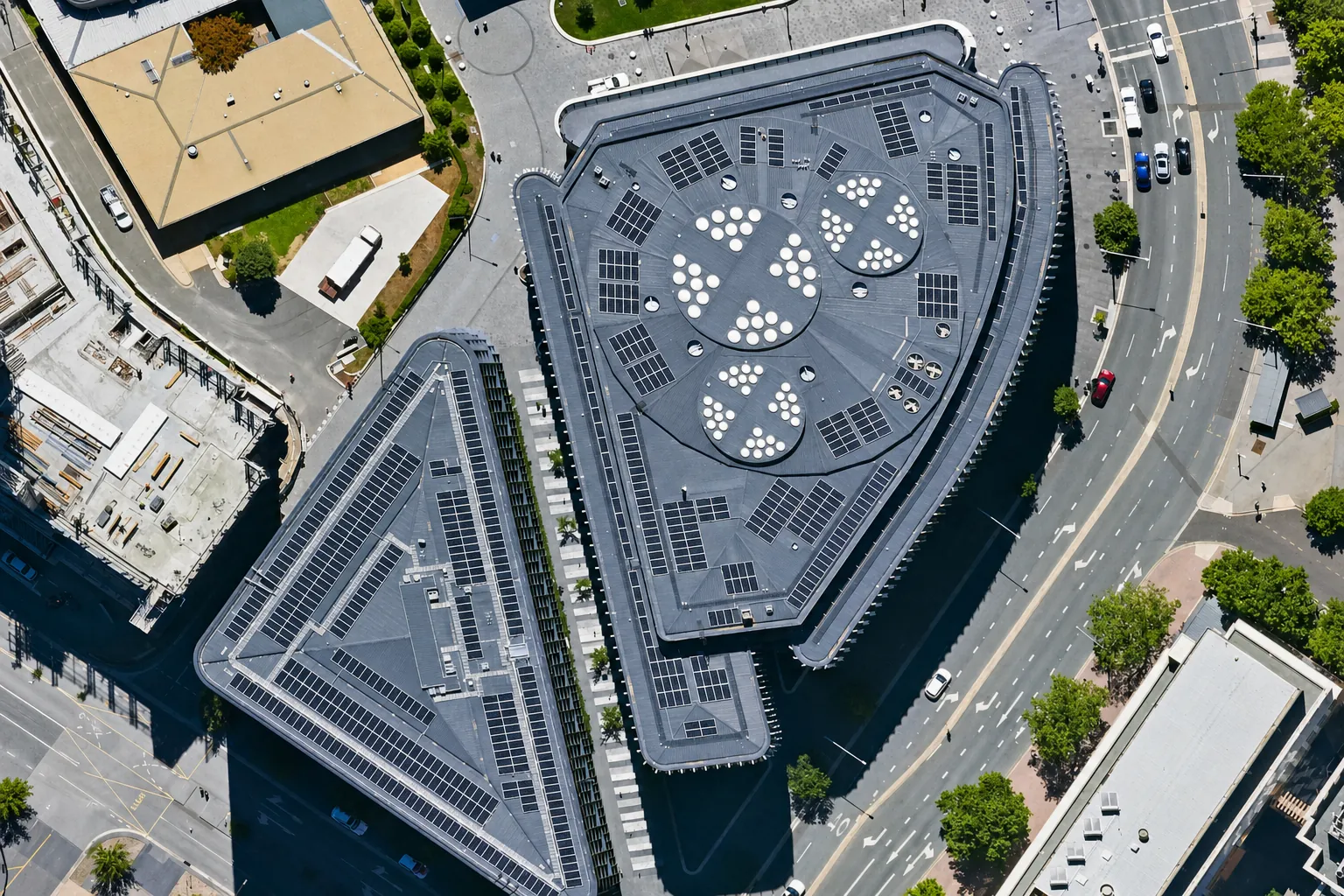 Constitution Avenue Solar Aerial Aerial view of rooftop solar on Constitution Avenue commercial buildings in Canberra