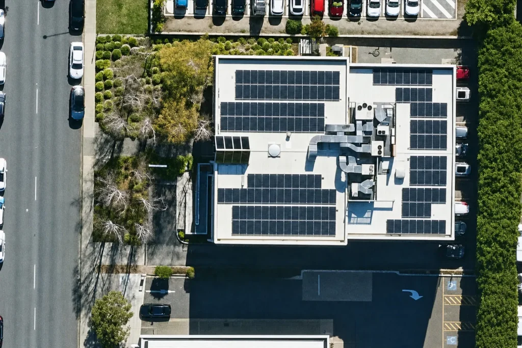 Deakin Site Solar Installation Aerial view of a commercial rooftop solar installation at Deakin, ACT, installed by SolarHub in 2018
