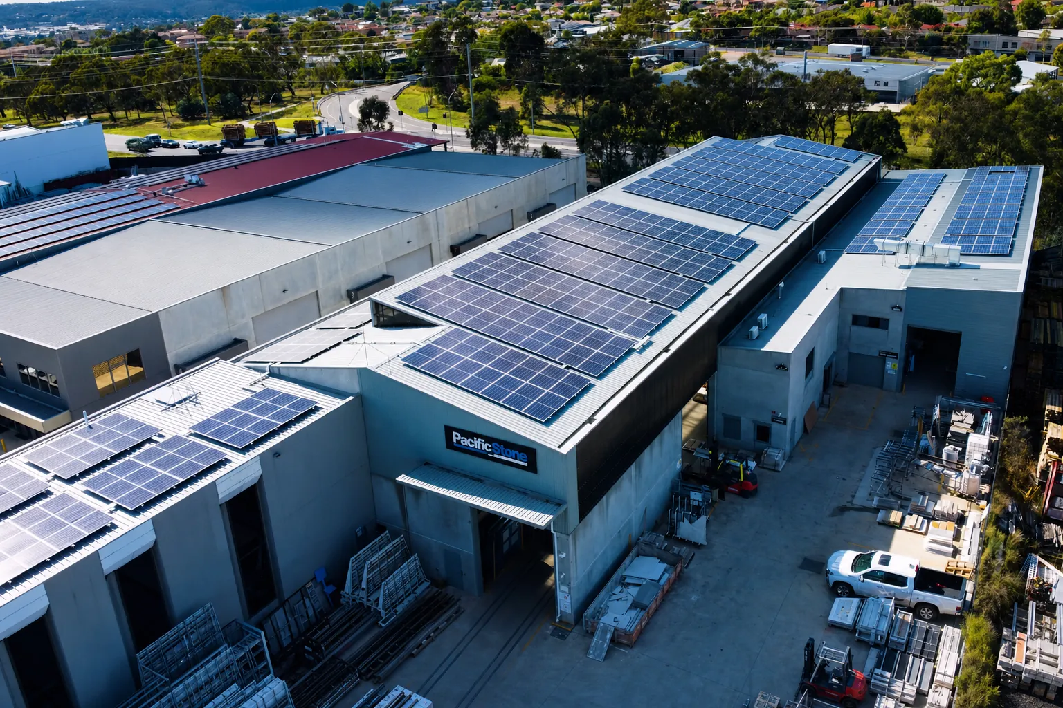 Pacific Stone Solar Installation Aerial view of the 250 kW rooftop solar installation at the Pacific Stone warehouse in Beard, installed by SolarHub
